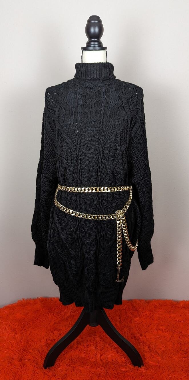 NWT L'ATISTE Black Turtleneck Heavy Knit Sweater Dress w/Gold Chain Belt 1X